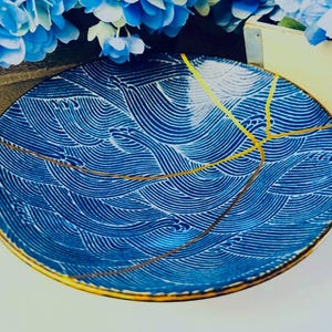 Kintsugi Bowl, Large Blue Wave Centerpiece, Anniversary Gift, Gold Repair Art, Unique Home Decor