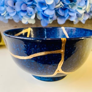 Kintsugi Bowl, Kintsugi Deep Blue Ocean Bowl, Home Decor, Kintsugi Pottery, Home Gifts, Minimalist, Kintsugi Ocean Blue Ramen Bowl Large image 1