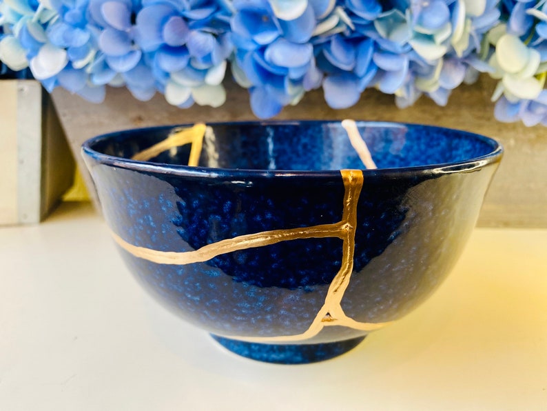 Kintsugi Bowl, Kintsugi Deep Blue Ocean Bowl, Home Decor, Kintsugi Pottery, Home Gifts, Minimalist, Kintsugi Ocean Blue Ramen Bowl Large image 1