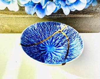 Kintsugi Schale, Kintsugi Blaue Edelsteinschale, Jubiläumsgeschenk, Japanische Goldreparatur, handgemacht, minimalistisch, Geburtstag