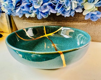 Kintsugi Bowl, Large Emerald Green Bowl, Gifts For Her, Handmade Gift, Minimalist, Kintsugi Emerald Bowl, Anniversary