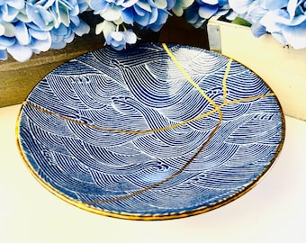 Kintsugi Bowl, Kintsugi Large Blue Wave Bowl, Kintsugi Gold Repair Ceramic Pottery, Minimalist Art, Home Decor, Gifts for Her, Ceramic Gift