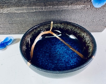Kintsugi Gem Blue Bowl, Anniversary Gift, Minimalist, Home Decor, Kintsugi Kit