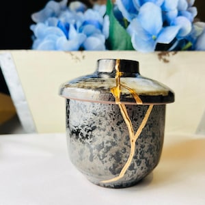 Kintsugi Pottery, Charcoal Sugar Jar, Stoneware Bowl with Lid, Handmade Japanese Repair Art
