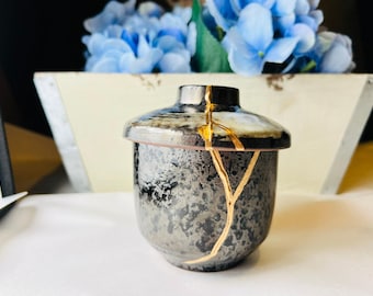Kintsugi Pottery, Charcoal Sugar Jar, Stoneware Bowl with Lid, Handmade Japanese Repair Art