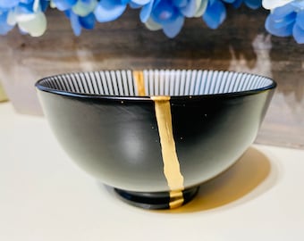 Kintsugi Bowl, Kintsugi Black Ring Bowl, Gold Kintsugi Pottery