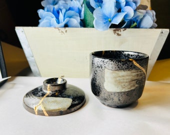 Kintsugi-Schüssel, Kintsugi-Holzkohle-Zuckerglas, Herbstdekoration, Kintsugi-Geschenk, minimalistisch, Kintsugi-Gewürzbehälter