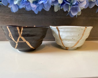 Kintsugi Stoneware Bowl Set, Black White Sake Bowls, Gold Repair Home Decor