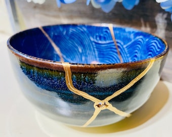Kintsugi Blue Wave Schale, Kintsugi-Keramik, Jahrestagsgeschenk für Sie, Keramikschale, Wohnaccessoires, personalisiertes Geschenk, Hochzeitsgeschenk