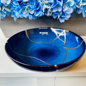 Kintsugi, Kintsugi Large Blue Bowl, Beauitfully Broken, Handcrafted Gift, Kintsugi Kit, Minimalist, Anniversary, Ceramic Gift