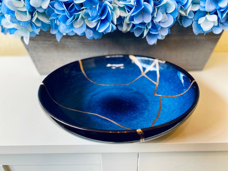 Kintsugi Bowls, Large Blue Bowl, Kintsugi Gifts, Japanese Decor, Ombre Home Decor, Personalized, Fathers Day, Kintsugi Cat Eye Blue Bowl