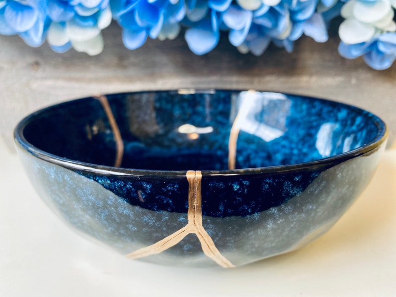 Kintsugi Bowl, Kintsugi Blue Celestial Bowl, Handmade Gift, Kintsugi Pottery, Gift for Her, Home Decor, Minimalist, Kintsugi Blue Bowl image 2