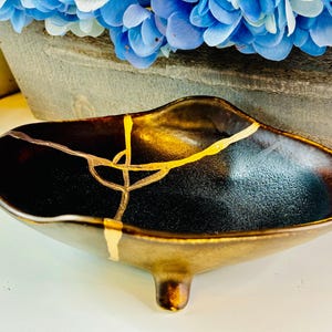 Kintsugi Bronze Bowl, Abstract Gold Repair, Japanese Art, Home Decor