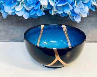 Kintsugi Bowl, Handcrafted Blue Ceramic Gift, Anniversary, Gold Repair, Japanese Artistry