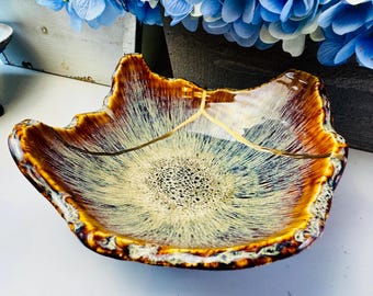 Handmade Kintsugi Ceramic Bowl, Tree Bark Glaze, Gold Repair, Home Decor