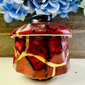Kintsugi Red Sugar Jar: Repaired Japanese Bowl, Home Decor