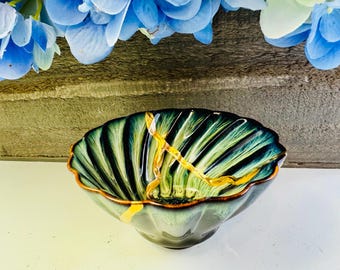 Kintsugi Tenmoku Teacup, Spiral Green Glaze, Gold Repair, Wabi Sabi Pottery