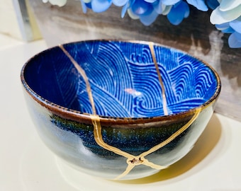 Kintsugi Blue Wave Bowl, Kintsugi Pottery, Anniversary Gift for Her, Ceramic Bowl, Home Decor, Personalized Gift, Wedding Gift
