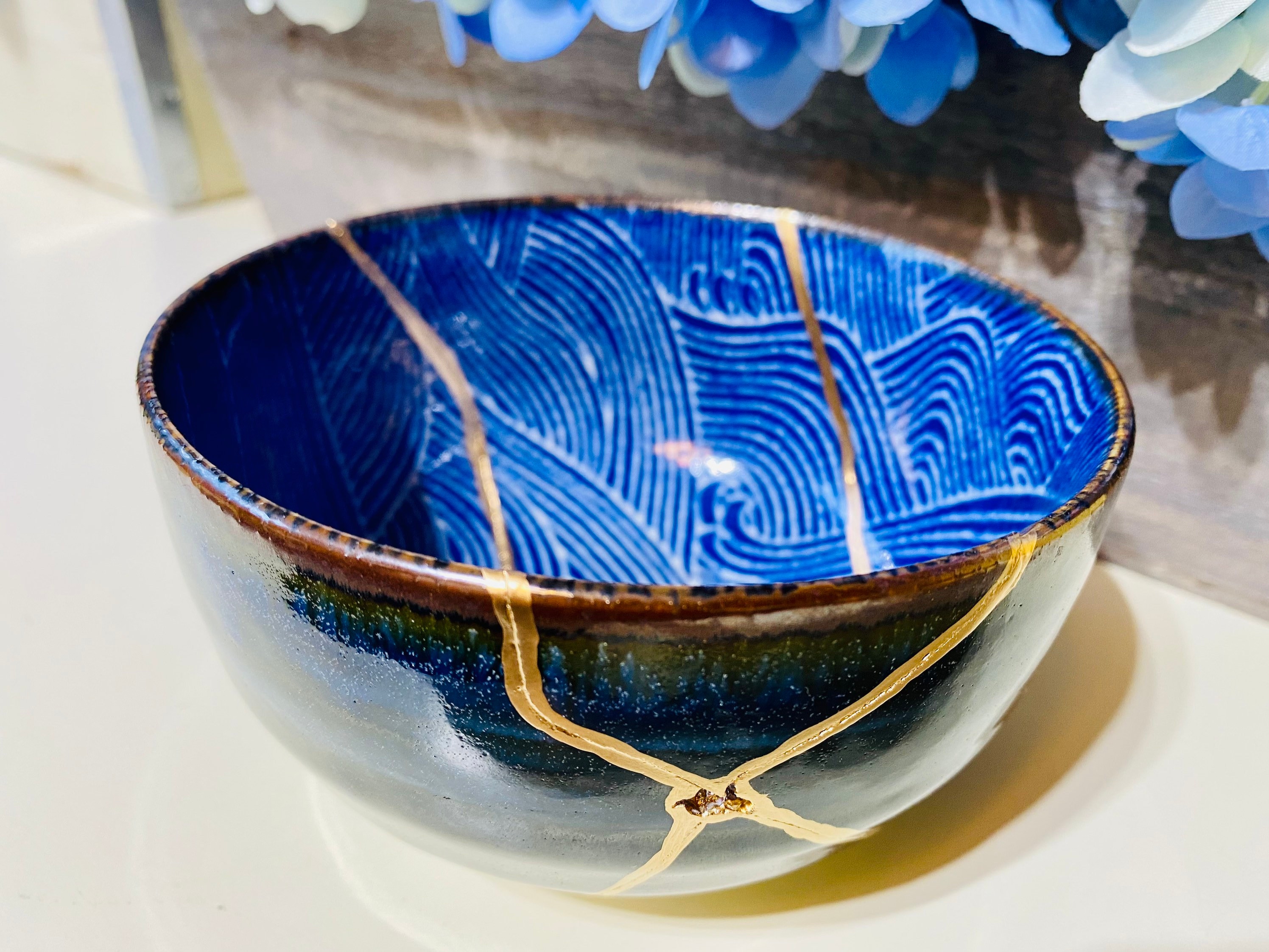 Kintsugi Bowl Kintsugi Blue Wave Bowl Kintsugi Gold Repair 