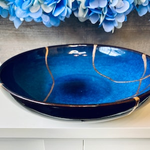 Kintsugi Bowl, Kintsugi Handmade Kintsugi Large Blue Bowl, Minimalist Style with Gold Repair, Anniversary, Ceramic Gift