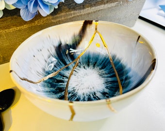 Miska Kintsugi, Niebieska Miska Iris, Prezent na Rocznicę, Ślub, Naprawa Dekoracyjnej Ceramiki Złotej, Prezent Spersonalizowany, Zestaw Kintsugi