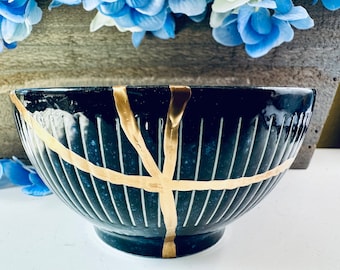 ブルーの金継ぎ椀 - 金の修復 - 記念日の贈り物 - 金継ぎ陶器 - 日本の
