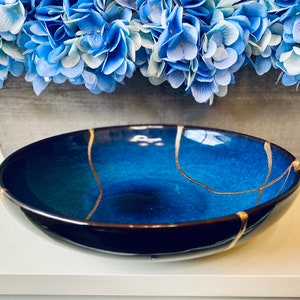 Kintsugi Bowl, Kintsugi Handmade Kintsugi Large Blue Bowl, Minimalist Style with Gold Repair, Anniversary, Ceramic Gift