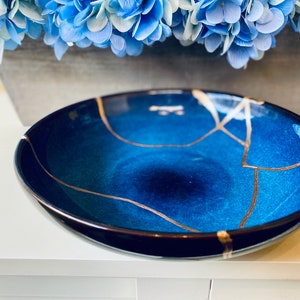 Kintsugi Bowl, Kintsugi Handmade Kintsugi Large Blue Bowl, Minimalist Style with Gold Repair, Anniversary, Ceramic Gift