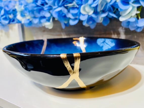 Large Midnight Blue Kintsugi Bowl Kintsugi Home Decor Kintsugi