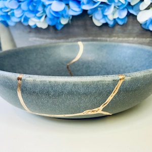Kintsugi Bowl, Glacial Grey Stoneware, Handmade Pottery with Gold Repair