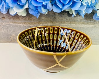 Kintsugi Bowl, Coffee Brown Cobblestone Bowl, Handmade Home Decor, Kintsugi Bowls, Japanese Decor, Kintsugi Coffee Tan Bowl