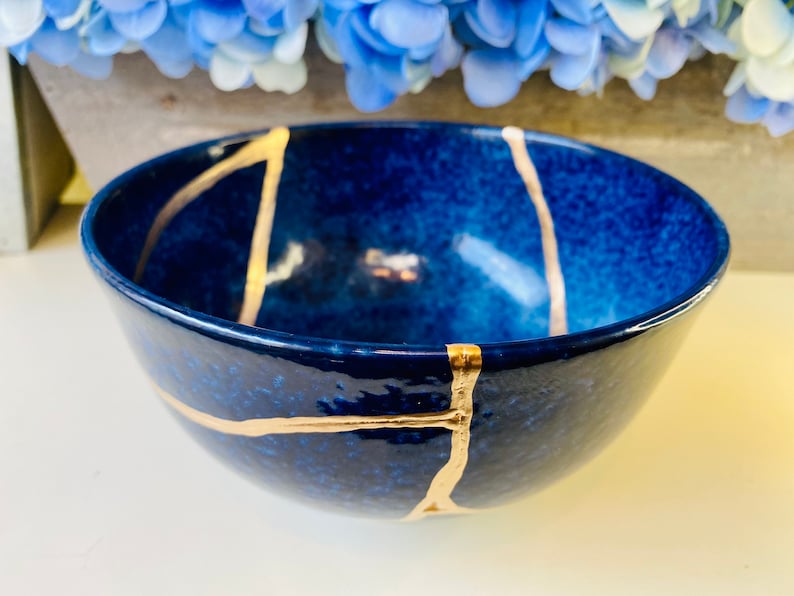 Kintsugi Bowl, Kintsugi Deep Blue Ocean Bowl, Home Decor, Kintsugi Pottery, Home Gifts, Minimalist, Kintsugi Ocean Blue Ramen Bowl Large image 5