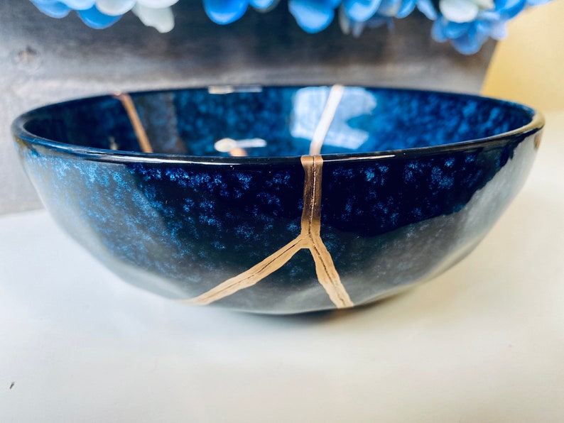 Kintsugi Bowl, Kintsugi Blue Celestial Bowl, Handmade Gift, Kintsugi Pottery, Gift for Her, Home Decor, Minimalist, Kintsugi Blue Bowl image 3