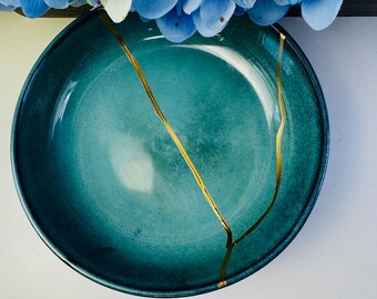 Kintsugi Schüssel, Große Grüne Schüssel, Geschenke für Sie, Handgemachtes Geschenk, Minimalistisch, Kintsugi Smaragd Schüssel, Jubiläum