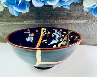 Kintsugi, Kintsugi Bowl, Kintsugi Black Flowers Bowl, Valentines Gift, Gift For Her, Personalized Gift, Handmade Decor, Bowl Gold Flowers