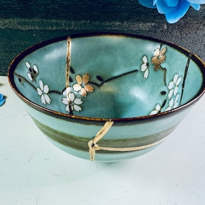 Kintsugi Bowl, Kintsugi Teal Aqua Bowl, Kintsugi Pottery, Personalized, Anniversary, Home Decor, Green Blossom Bowl