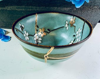 Kintsugi Bowl, Aqua Green Blossom Bowl, Handmade Japanese Pottery, Gold Repair Home Decor