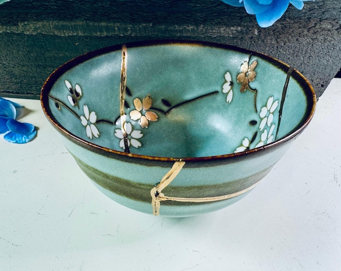 Kintsugi Bowls, Kintsugi Teal Aqua Bowl, Kintsugi Pottery, Personalized, Anniversary, Home Decor, Green Blossom Bowl