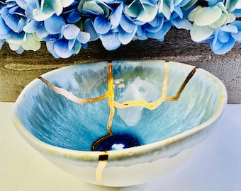 Kintsugi, Kintsugi Bowl, Kintsugi Blue Ramen Bowl, Anniversary Gift for Her, Personalized Ceramic Pottery, Minimalist, Home Decor