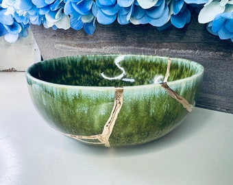 Kintsugi Cypress Green Bowl, Gold Repair Ceramic Art, Ombré Glaze (6" W)