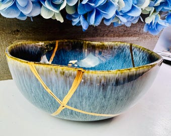 Bol Kintsugi Glacial Azul, Regalo de Aniversario, Decoración del Hogar de Cerámica Reparada con Baño de Oro