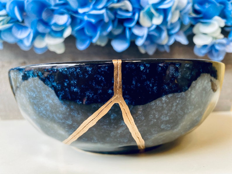 Kintsugi Bowl, Kintsugi Blue Celestial Bowl, Handmade Gift, Kintsugi Pottery, Gift for Her, Home Decor, Minimalist, Kintsugi Blue Bowl image 5