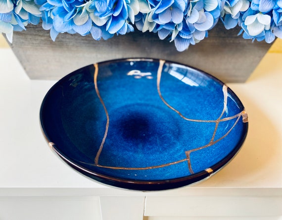 Large Blue Kintsugi Bowl with Gold Repair