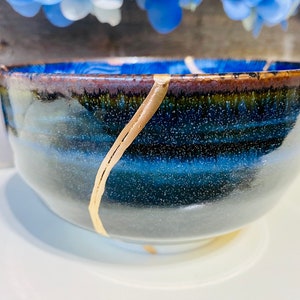 Kintsugi Bowl, Kintsugi Blue Wave Bowl, Kintsugi Gold Repair Ceramic Pottery, Minimalist Art, Home Decor, Gifts for Women, Kintsugi Art image 7