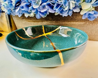 Kintsugi Bowl, Large Emerald Green, Gold-Repaired Ceramic, Minimalist Decor