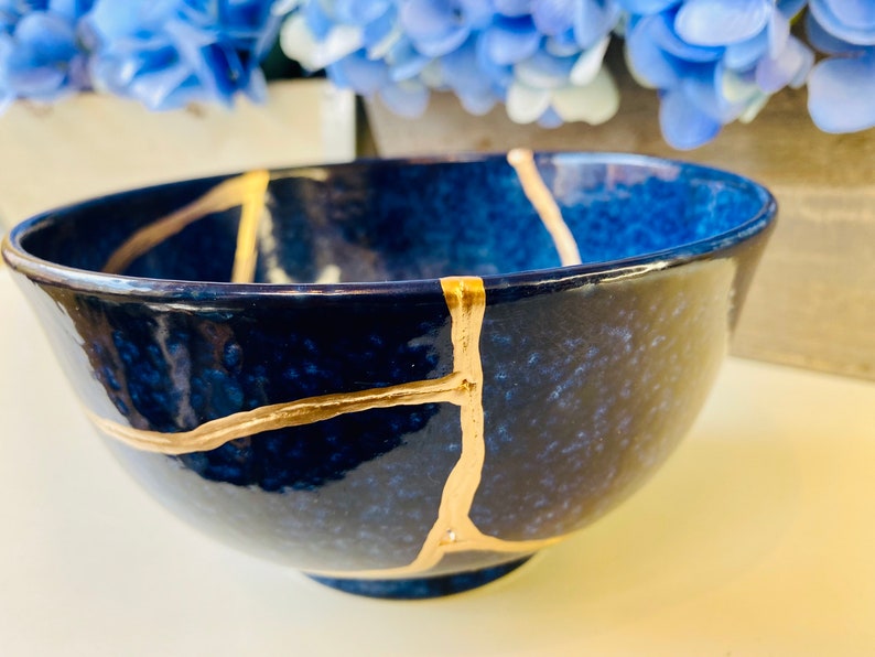 Kintsugi Bowl, Kintsugi Deep Blue Ocean Bowl, Home Decor, Kintsugi Pottery, Home Gifts, Minimalist, Kintsugi Ocean Blue Ramen Bowl Large image 4