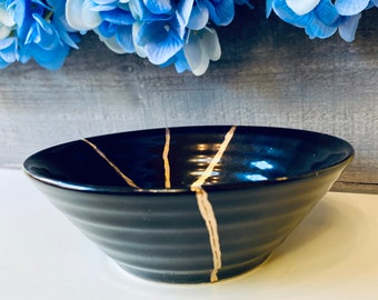 Kintsugi Bowl, Kintsugi Black Bowl, Kintsugi Art, Personalized Gifts for Mom, Anniversary Gifts, Minimalist, Kintsugi Black Porcelain Bowl