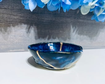 Sapphire Blue Kintsugi Ring Dish, Handmade Repaired Stoneware Bowl
