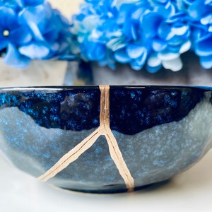 Kintsugi Bowl, Kintsugi Blue Celestial Bowl, Handmade Gift, Kintsugi Pottery, Gift for Her, Home Decor, Minimalist, Kintsugi Blue Bowl image 4