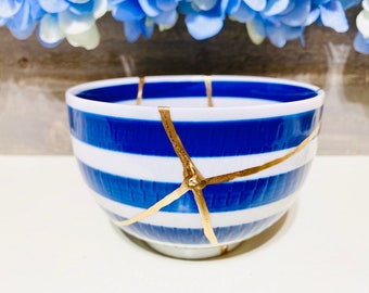 Blue Nautical Kintsugi Bowl, Kintsugi Ceramics and Pottery, Home Decor, Minimalist Gifts, Room Decor, Kintsugi Nautical Blue Striped Bowl